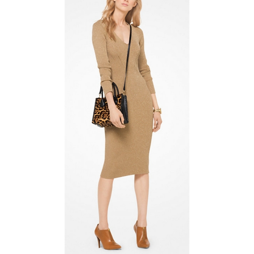 MICHAEL Michael Kors Metallic Ribbed V Neck Midi Sweater Dress Gold Small